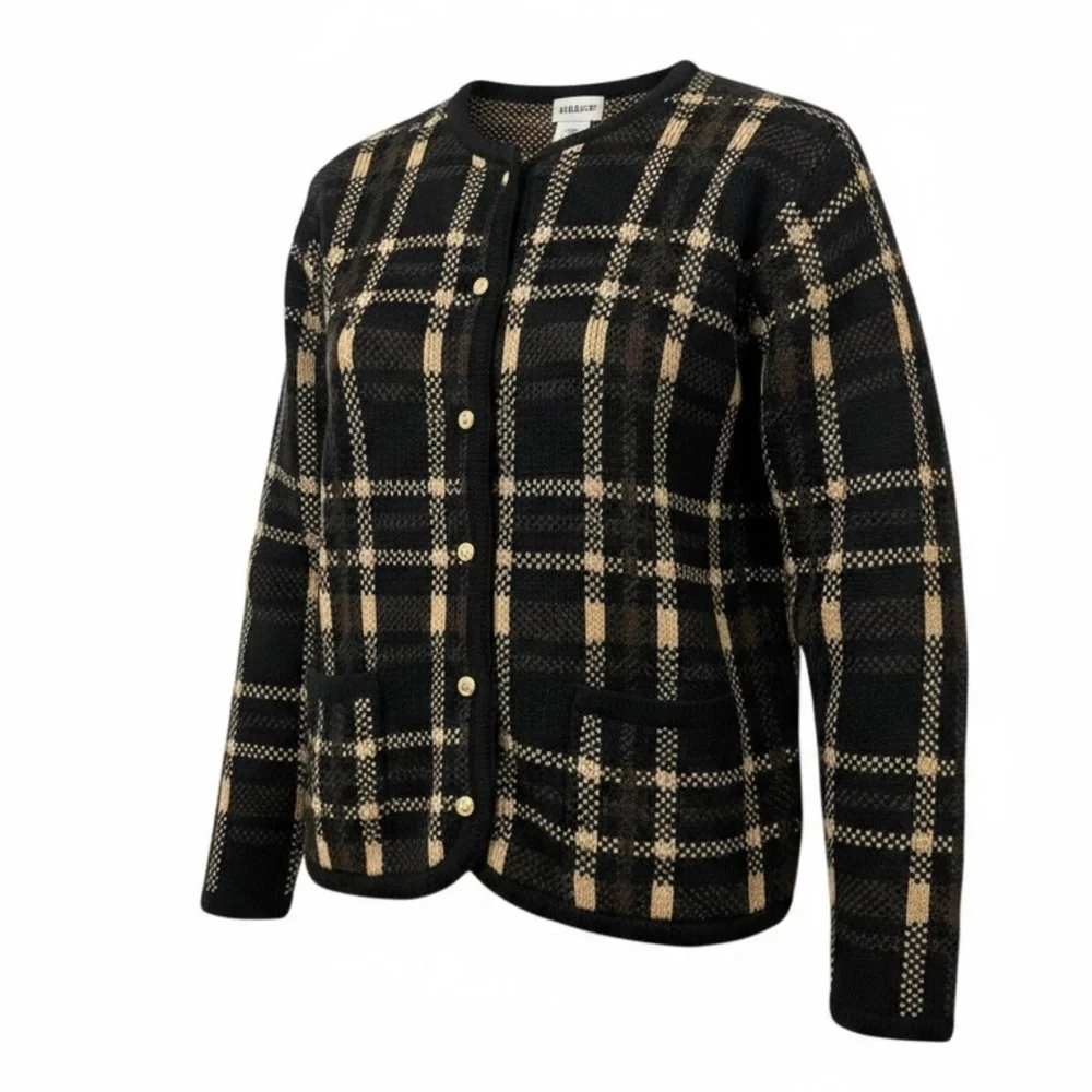 Liz Baker Vintage Black & Tan Plaid Cardigan Sweater Medium - Picture 1 of 3